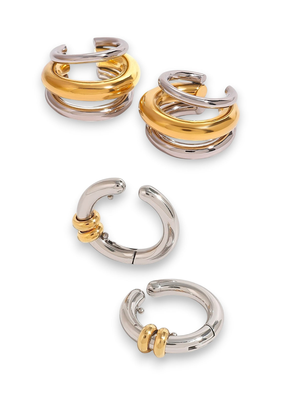 Twin Metal Cuff Earrings - set of 2 (Single Layer and Triple Layer)