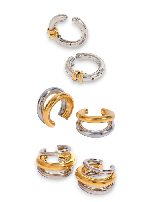 Twin Metal Cuff Earrings - Set of 3